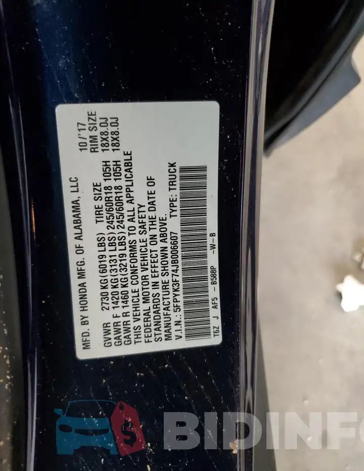 5FPYK3F74JB006607 Photo# 12