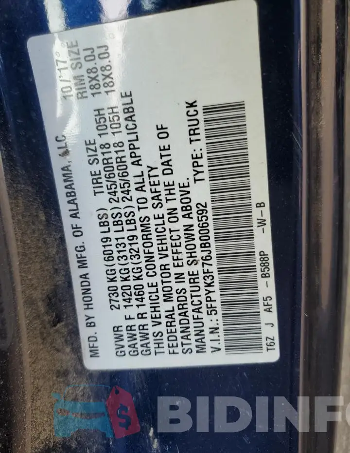 5FPYK3F76JB006592 Photo# 12