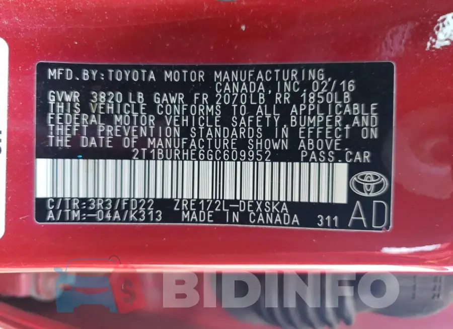 2T1BURHE6GC609952 Photo# 12