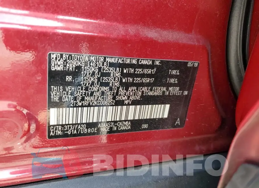 2T3W1RFV2KC006252 Photo# 13