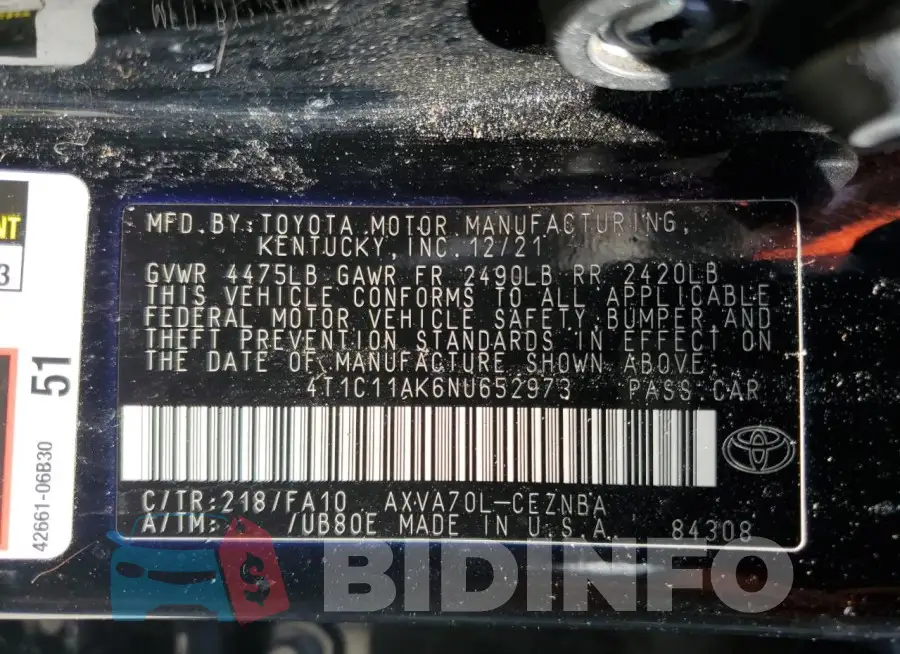 4T1C11AK6NU652973 Photo# 13