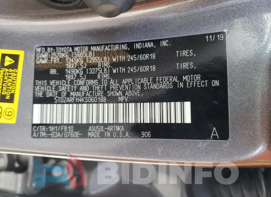 5TDZARFH4KS060188 Photo# 14
