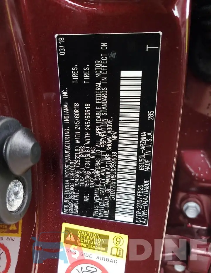 5TDZZRFH9JS259938 Photo# 12