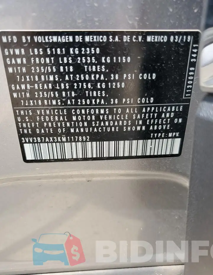 3VV3B7AX3KM117892 Photo# 12