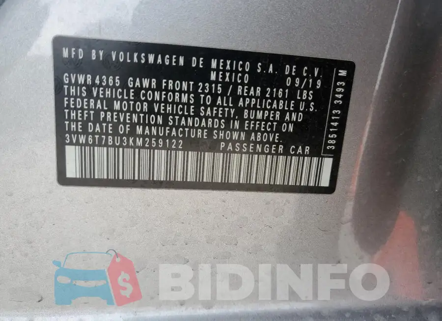 3VW6T7BU3KM259122 Photo# 12