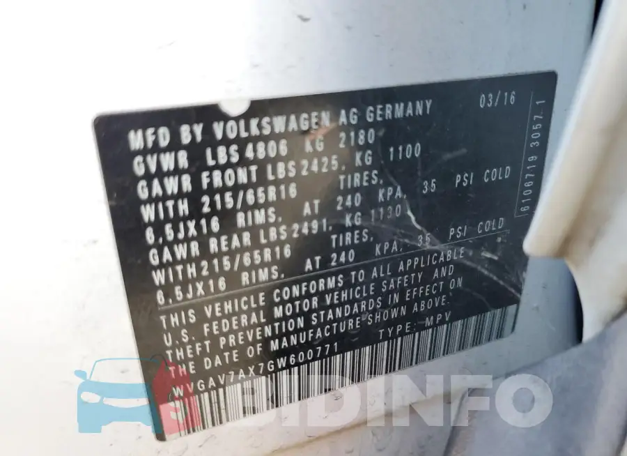 WVGAV7AX7GW600771 Photo# 13