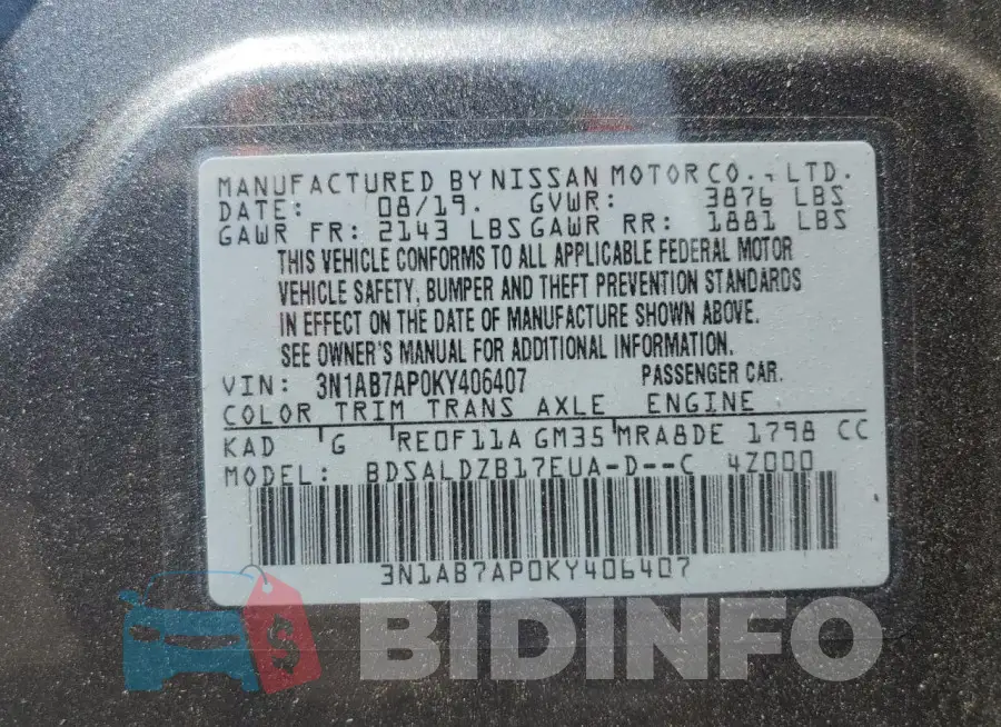 3N1AB7AP0KY406407 Photo# 12