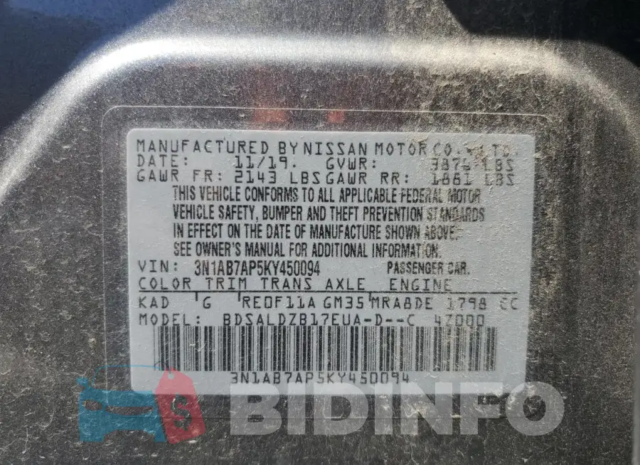 3N1AB7AP5KY450094 Photo# 13