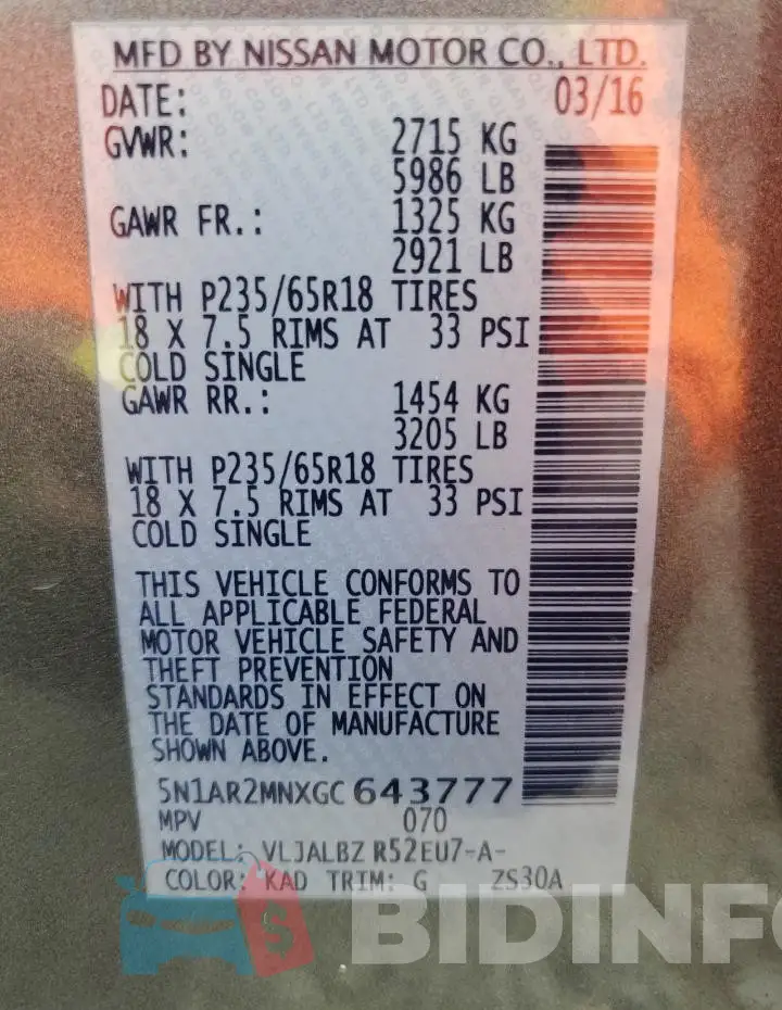 5N1AR2MNXGC643777 Photo# 13