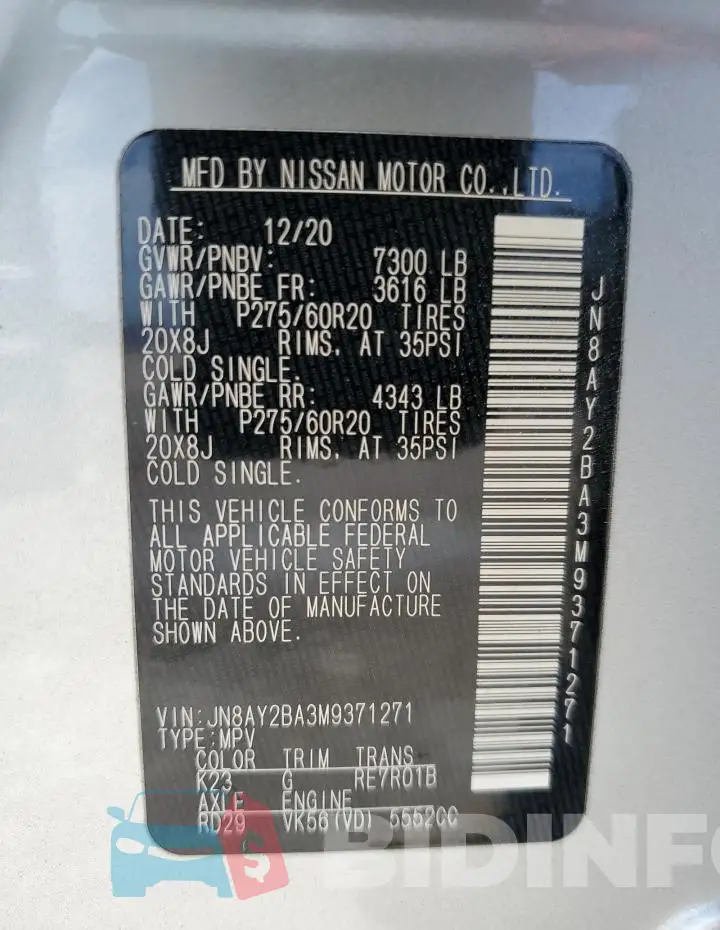 JN8AY2BA3M9371271 Photo# 13