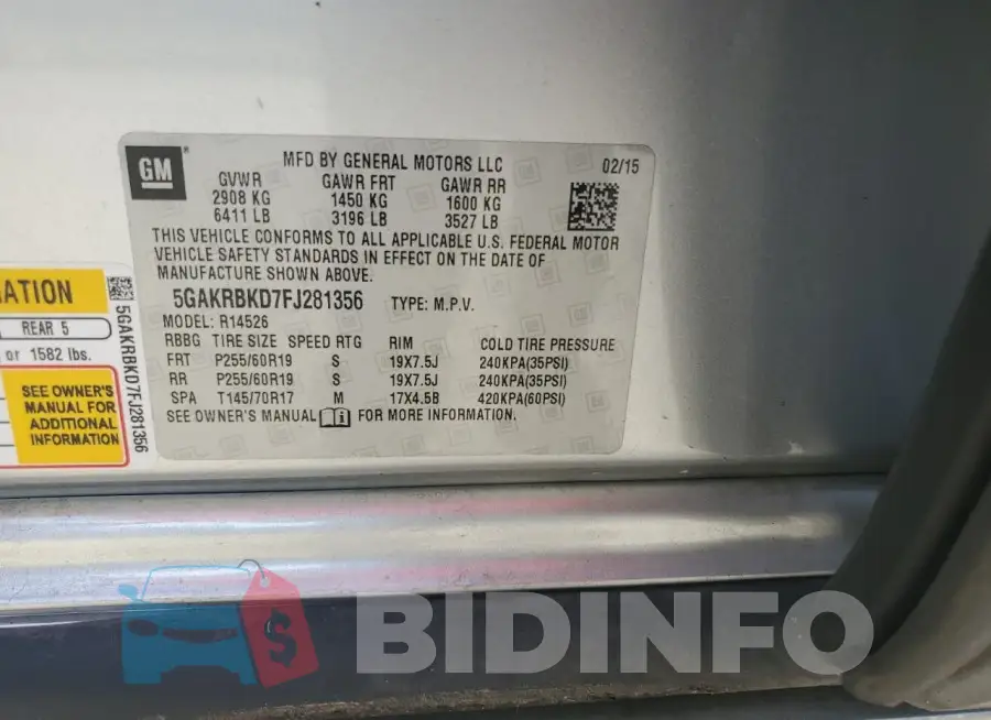 5GAKRBKD7FJ281356 Photo# 14