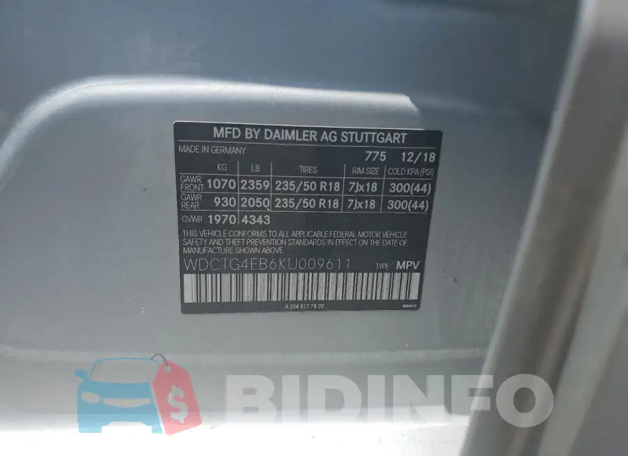 WDCTG4EB6KU009611 Photo# 12