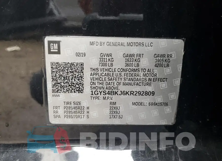 1GYS4BKJ6KR292809 Photo# 14
