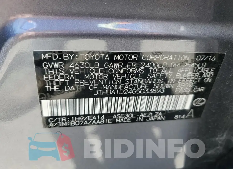 JTHBA1D24G5033893 Photo# 12