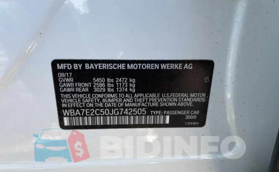 WBA7E2C50JG742505 Photo# 10