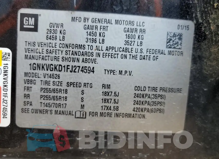 1GNKVGKD1FJ274594 Photo# 12