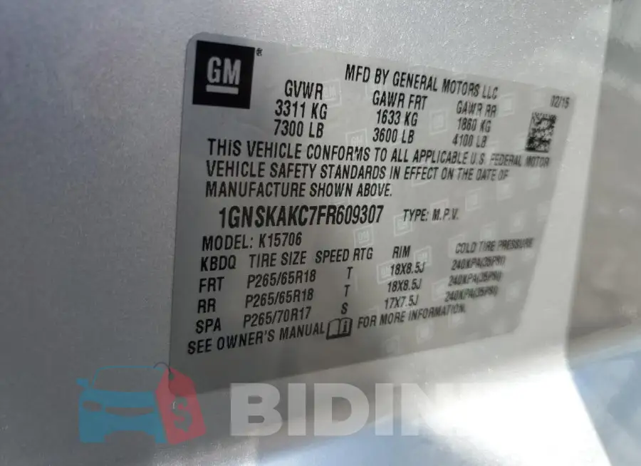 1GNSKAKC7FR609307 Photo# 13