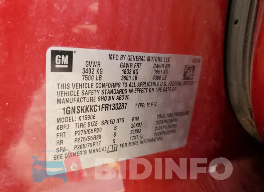 1GNSKKKC1FR130287 Photo# 14