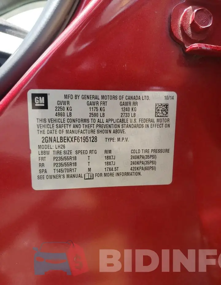 2GNALBEKXF6195128 Photo# 13