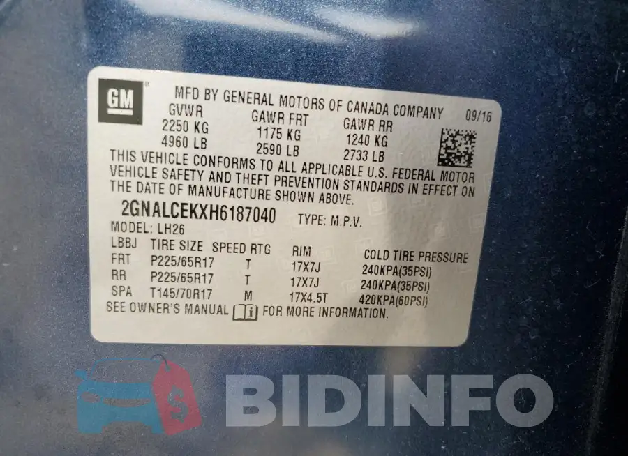 2GNALCEKXH6187040 Photo# 13