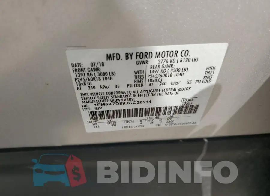 1FM5K7D89JGC32514 Photo# 13