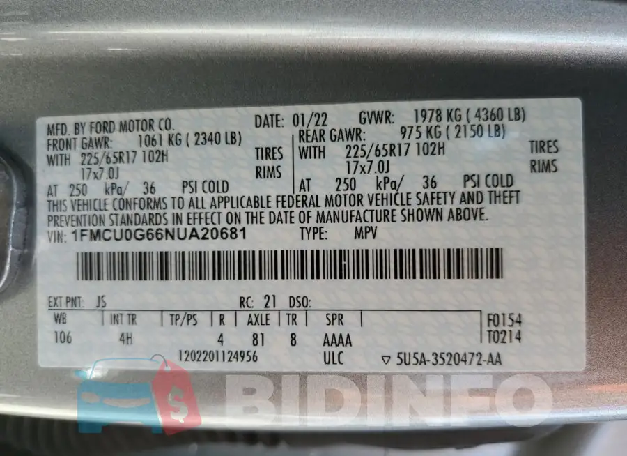 1FMCU0G66NUA20681 Photo# 14