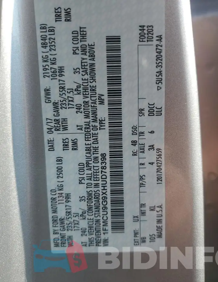 1FMCU9G9XHUD78398 Photo# 13
