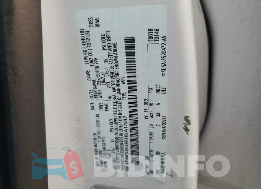 1FMCU9J9XHUA17617 Photo# 13