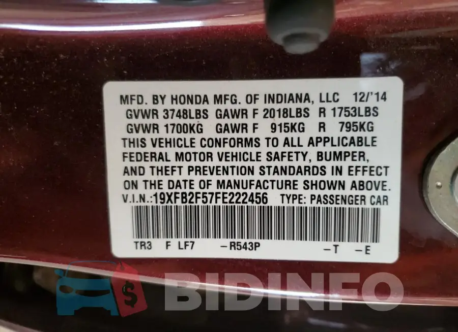 19XFB2F57FE222456 Photo# 12