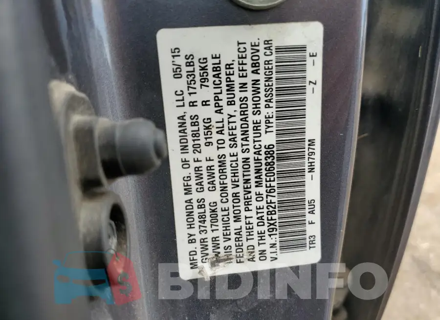 19XFB2F76FE068386 Photo# 12