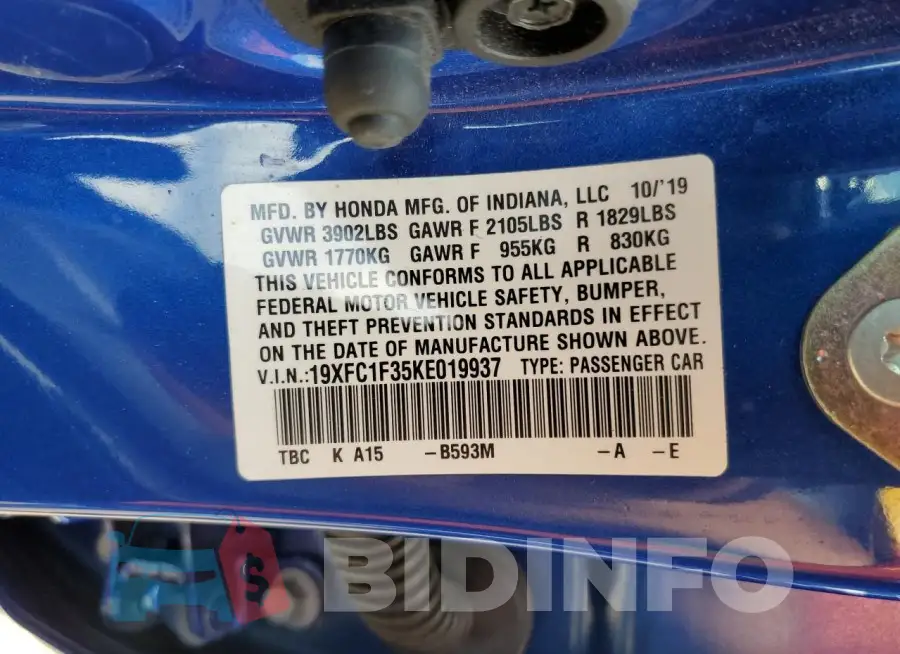 19XFC1F35KE019937 Photo# 12