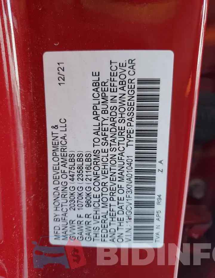 1HGCV1F3XNA010401 Photo# 12