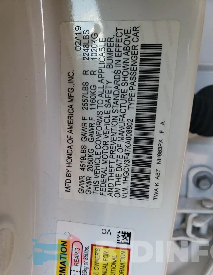 1HGCV3F47KA008802 Photo# 12