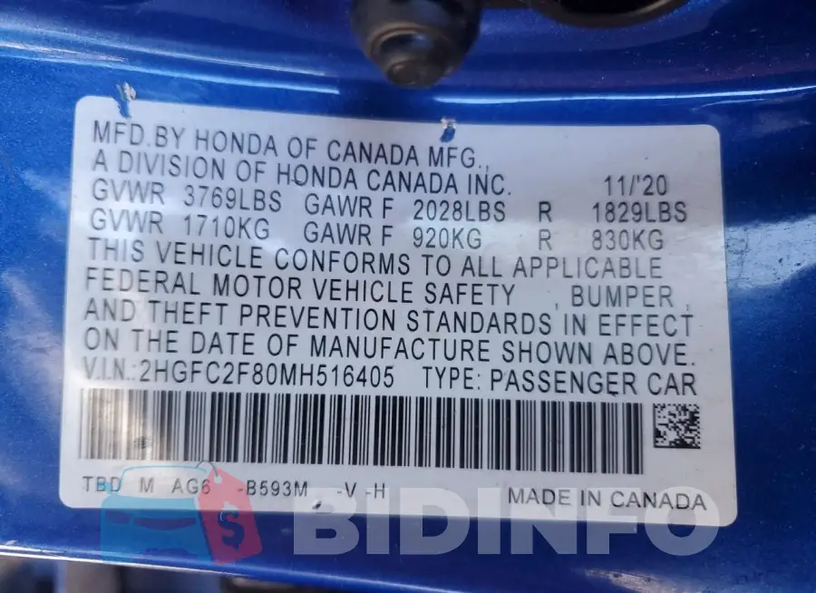 2HGFC2F80MH516405 Photo# 12