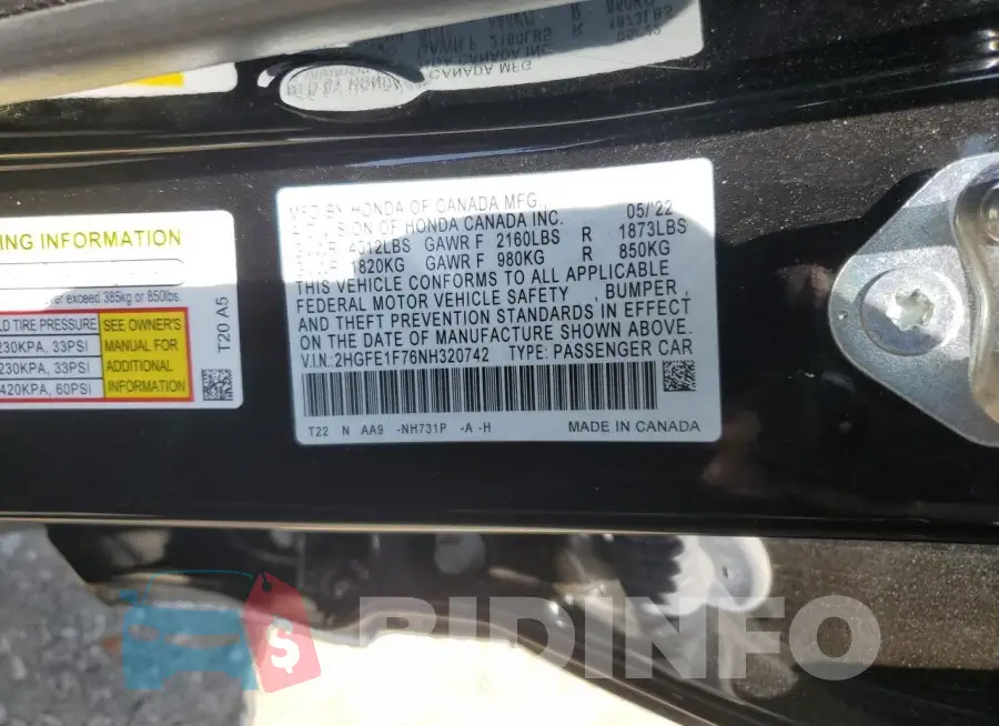 2HGFE1F76NH320742 Photo# 12
