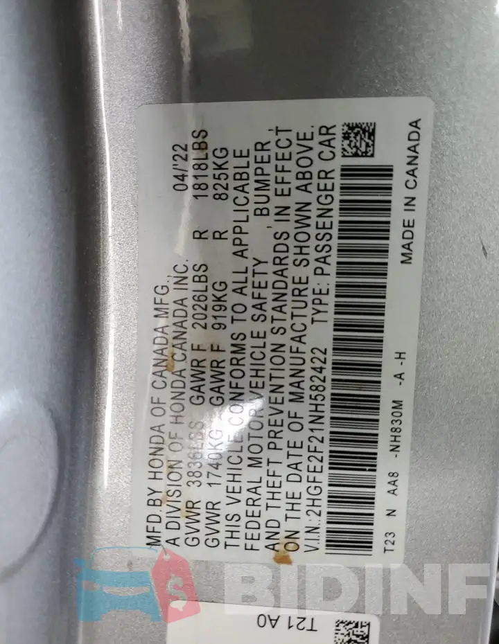 2HGFE2F21NH582422 Photo# 12