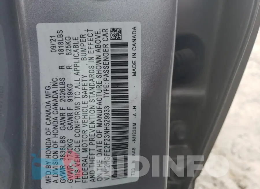 2HGFE2F23NH529933 Photo# 13