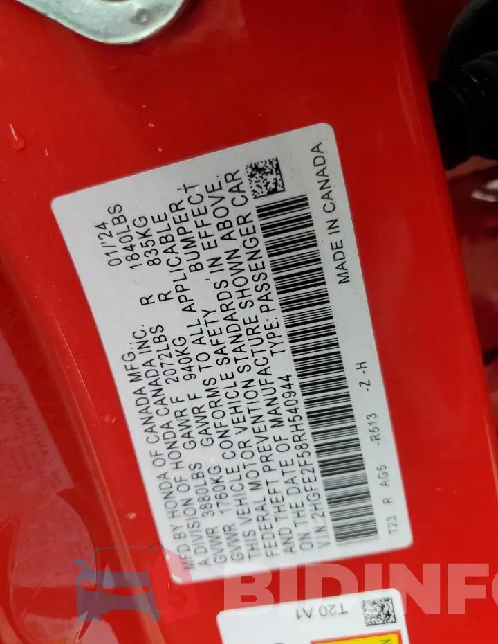 2HGFE2F58RH540944 Photo# 12