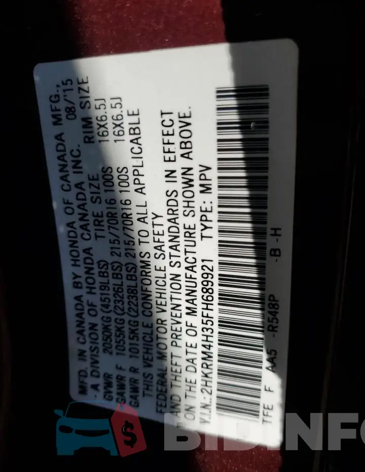 2HKRM4H35FH689921 Photo# 13