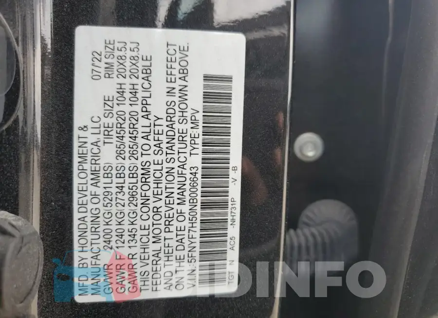 5FNYF7H50NB006643 Photo# 14