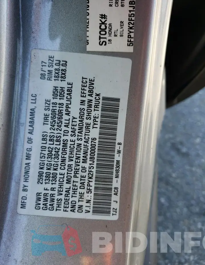5FPYK2F51JB000076 Photo# 13