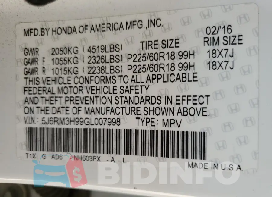 5J6RM3H99GL007998 Photo# 12