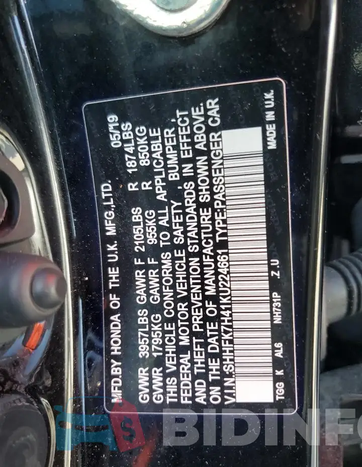 SHHFK7H41KU224661 Photo# 12