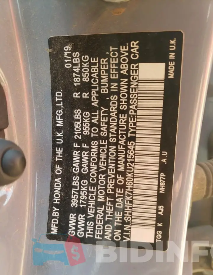 SHHFK7H60KU215645 Photo# 13