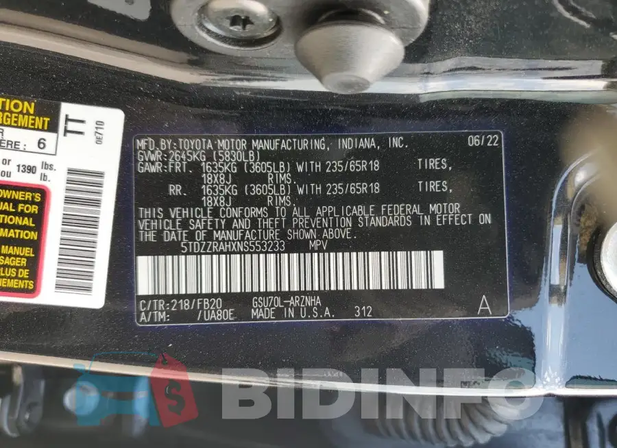 5TDZZRAHXNS553233 Photo# 14