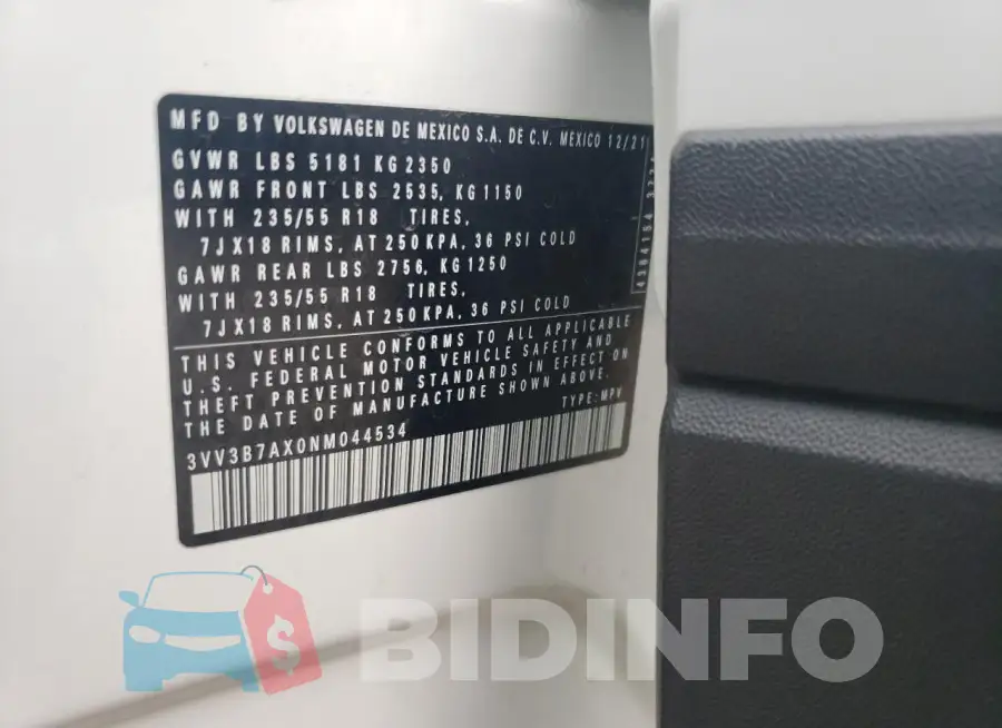3VV3B7AX0NM044534 Photo# 13