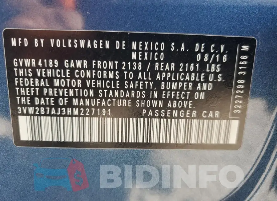 3VW2B7AJ3HM227191 Photo# 12