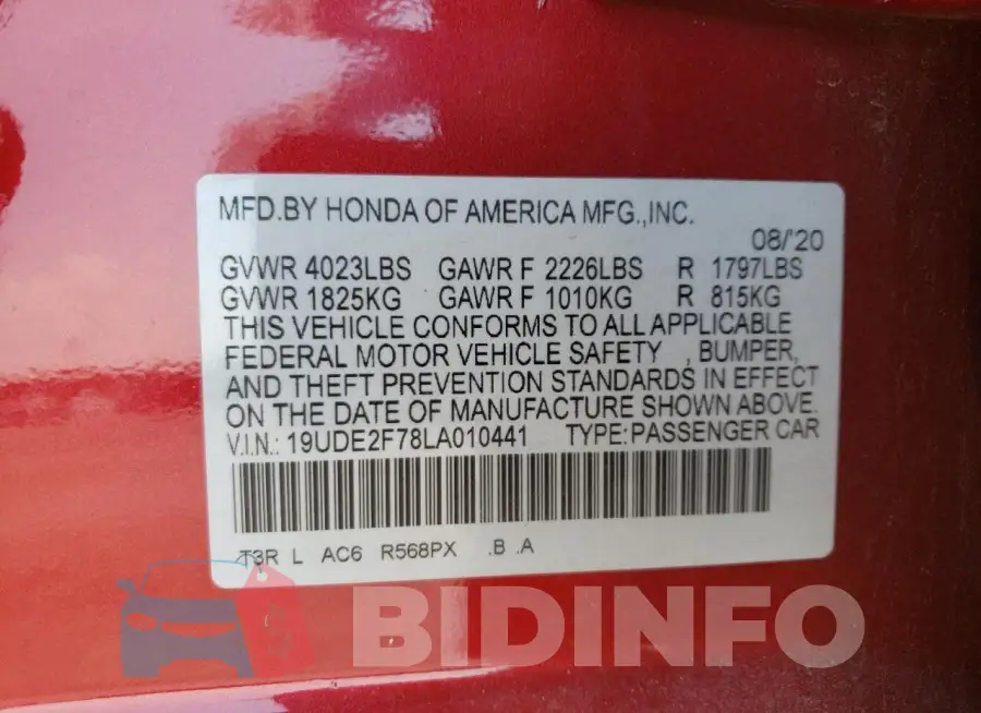 19UDE2F78LA010441 Photo# 12