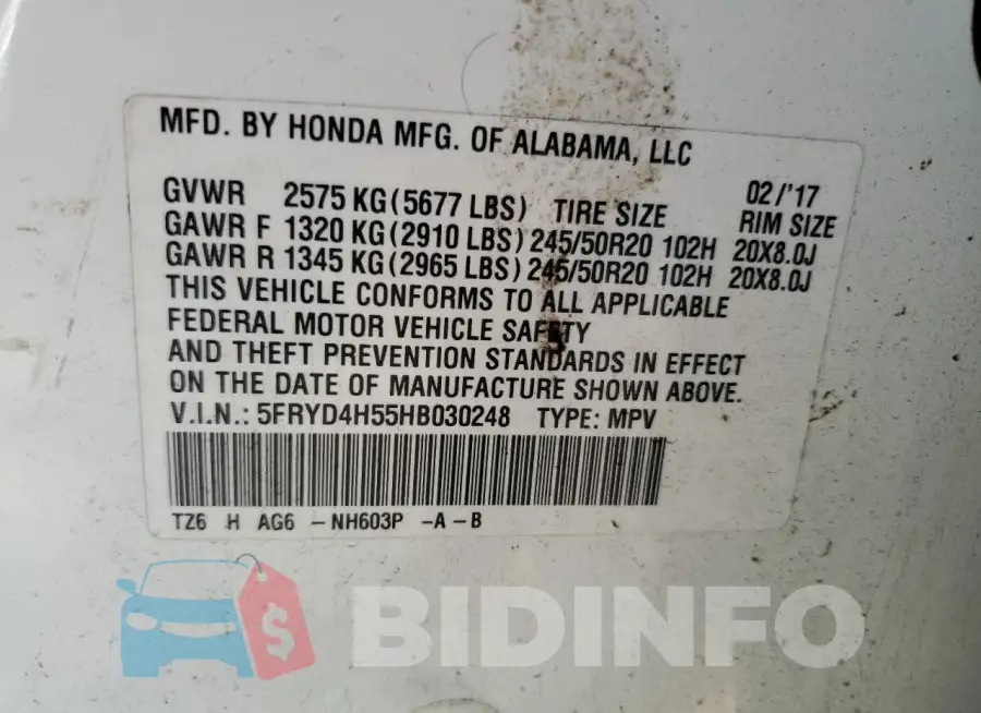 5FRYD4H55HB030248 Photo# 14