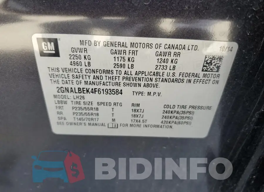 2GNALBEK4F6193584 Photo# 13